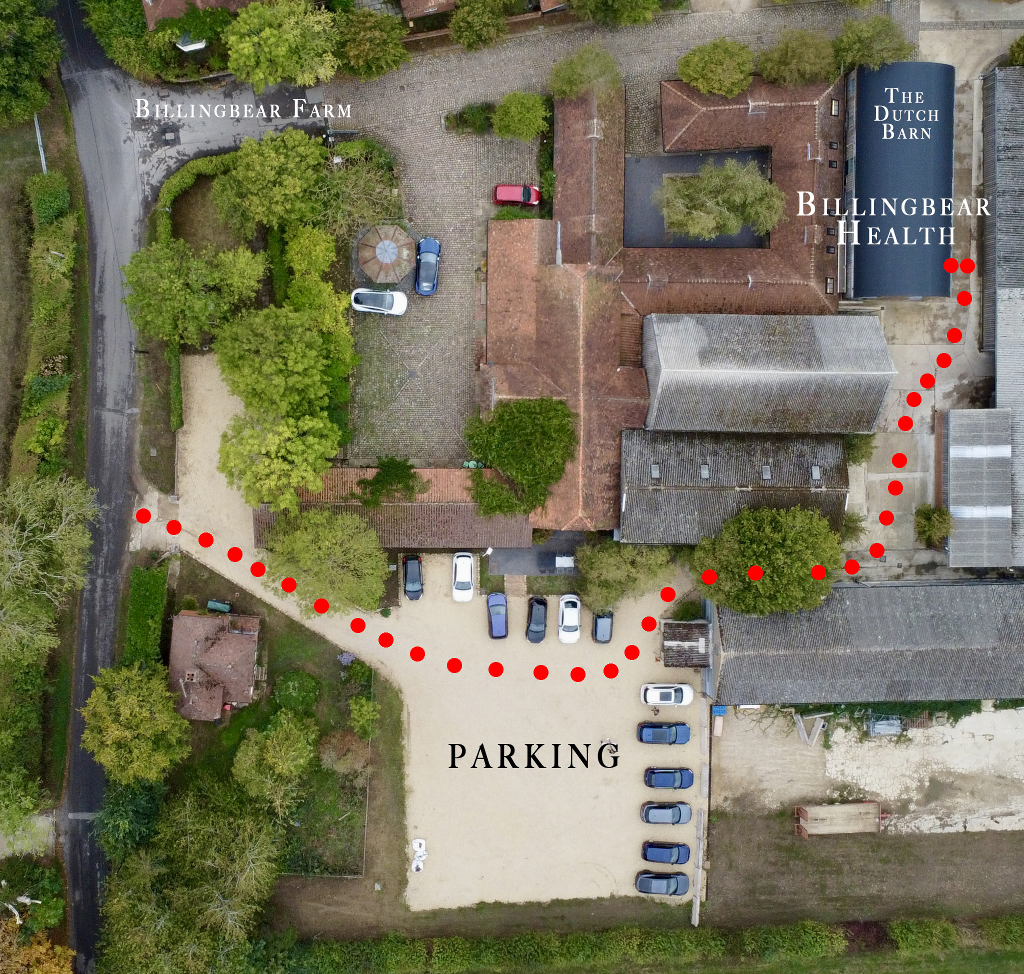 Aerial map showing the route from parking to Billingbear Health at the Dutch Barn
